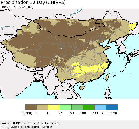 China, Mongolia and Taiwan Precipitation 10-Day (CHIRPS) Thematic Map For 12/21/2022 - 12/31/2022