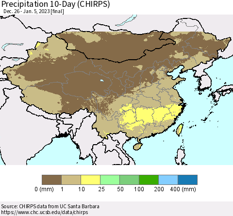 China, Mongolia and Taiwan Precipitation 10-Day (CHIRPS) Thematic Map For 12/26/2022 - 1/5/2023
