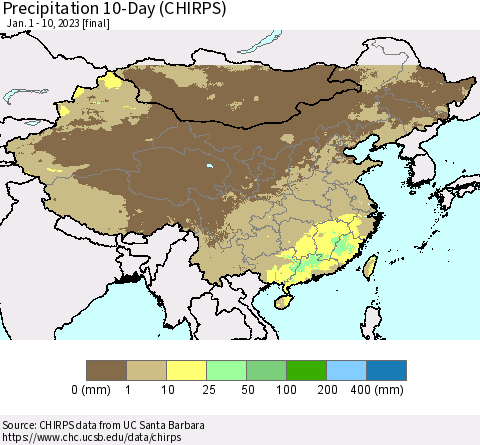 China, Mongolia and Taiwan Precipitation 10-Day (CHIRPS) Thematic Map For 1/1/2023 - 1/10/2023