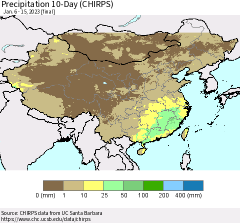 China, Mongolia and Taiwan Precipitation 10-Day (CHIRPS) Thematic Map For 1/6/2023 - 1/15/2023