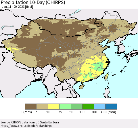 China, Mongolia and Taiwan Precipitation 10-Day (CHIRPS) Thematic Map For 1/11/2023 - 1/20/2023