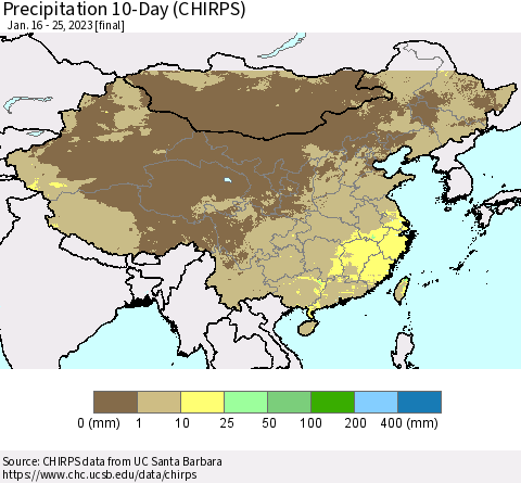 China, Mongolia and Taiwan Precipitation 10-Day (CHIRPS) Thematic Map For 1/16/2023 - 1/25/2023