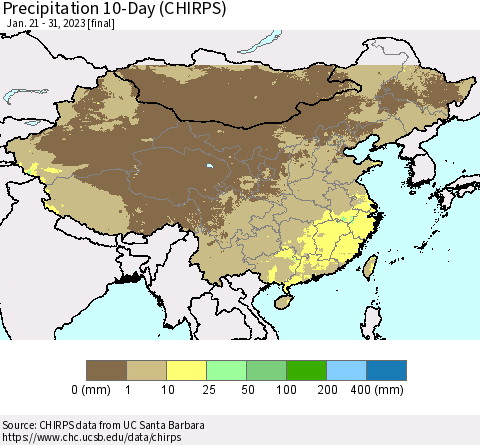 China, Mongolia and Taiwan Precipitation 10-Day (CHIRPS) Thematic Map For 1/21/2023 - 1/31/2023