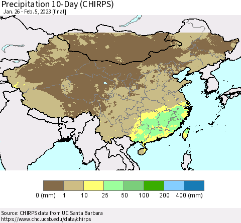 China, Mongolia and Taiwan Precipitation 10-Day (CHIRPS) Thematic Map For 1/26/2023 - 2/5/2023