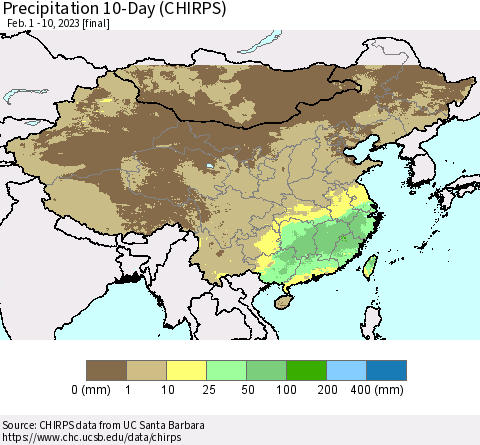 China, Mongolia and Taiwan Precipitation 10-Day (CHIRPS) Thematic Map For 2/1/2023 - 2/10/2023