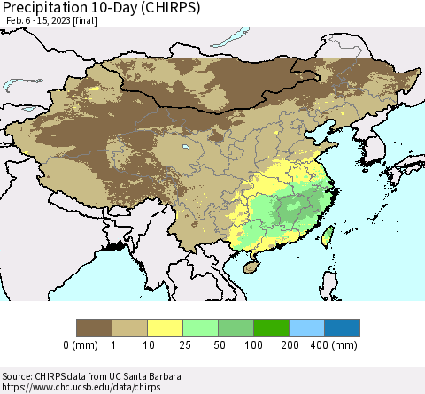 China, Mongolia and Taiwan Precipitation 10-Day (CHIRPS) Thematic Map For 2/6/2023 - 2/15/2023