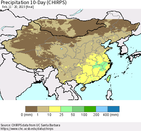 China, Mongolia and Taiwan Precipitation 10-Day (CHIRPS) Thematic Map For 2/11/2023 - 2/20/2023