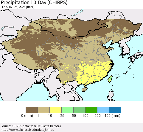 China, Mongolia and Taiwan Precipitation 10-Day (CHIRPS) Thematic Map For 2/16/2023 - 2/25/2023