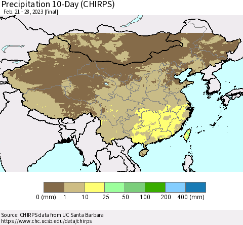 China, Mongolia and Taiwan Precipitation 10-Day (CHIRPS) Thematic Map For 2/21/2023 - 2/28/2023