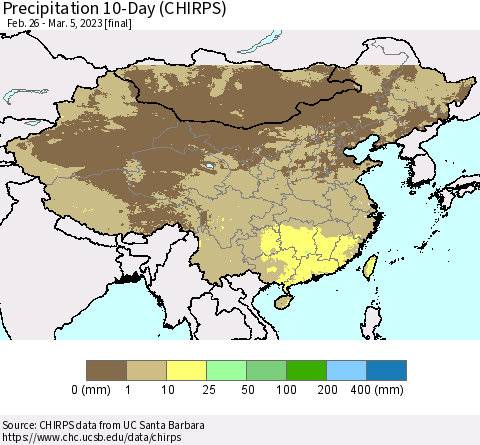 China, Mongolia and Taiwan Precipitation 10-Day (CHIRPS) Thematic Map For 2/26/2023 - 3/5/2023