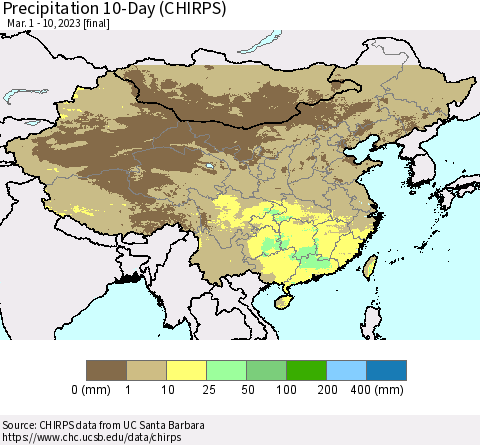 China, Mongolia and Taiwan Precipitation 10-Day (CHIRPS) Thematic Map For 3/1/2023 - 3/10/2023