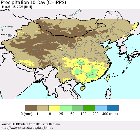 China, Mongolia and Taiwan Precipitation 10-Day (CHIRPS) Thematic Map For 3/6/2023 - 3/15/2023