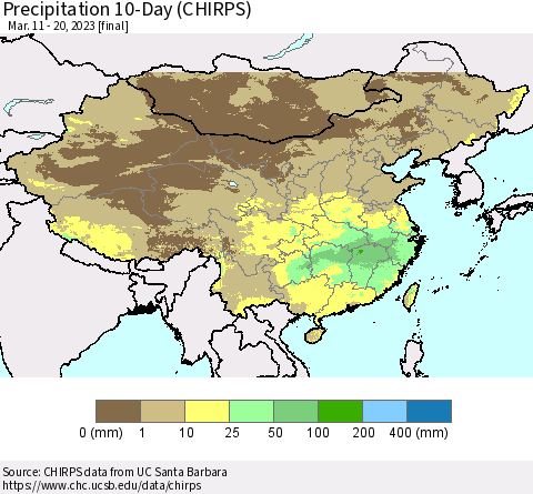 China, Mongolia and Taiwan Precipitation 10-Day (CHIRPS) Thematic Map For 3/11/2023 - 3/20/2023