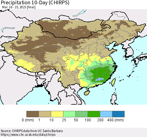 China, Mongolia and Taiwan Precipitation 10-Day (CHIRPS) Thematic Map For 3/16/2023 - 3/25/2023
