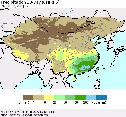 China, Mongolia and Taiwan Precipitation 10-Day (CHIRPS) Thematic Map For 3/21/2023 - 3/31/2023