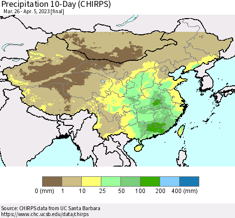 China, Mongolia and Taiwan Precipitation 10-Day (CHIRPS) Thematic Map For 3/26/2023 - 4/5/2023