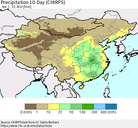 China, Mongolia and Taiwan Precipitation 10-Day (CHIRPS) Thematic Map For 4/1/2023 - 4/10/2023