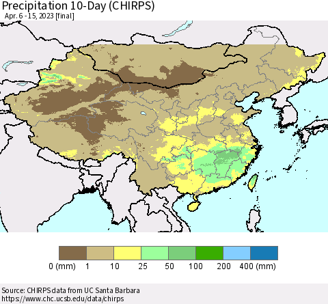 China, Mongolia and Taiwan Precipitation 10-Day (CHIRPS) Thematic Map For 4/6/2023 - 4/15/2023