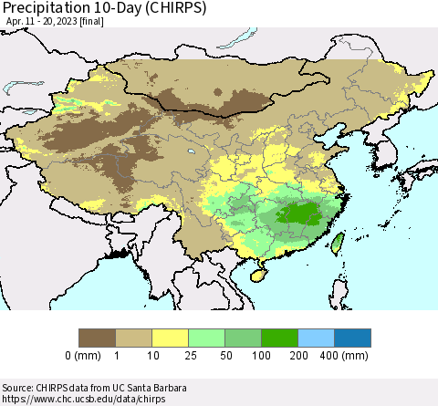 China, Mongolia and Taiwan Precipitation 10-Day (CHIRPS) Thematic Map For 4/11/2023 - 4/20/2023