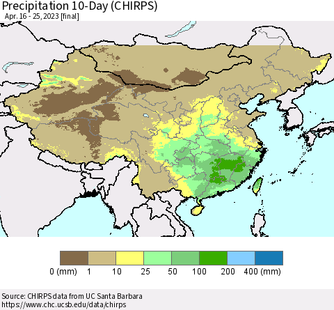 China, Mongolia and Taiwan Precipitation 10-Day (CHIRPS) Thematic Map For 4/16/2023 - 4/25/2023