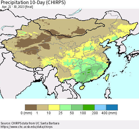 China, Mongolia and Taiwan Precipitation 10-Day (CHIRPS) Thematic Map For 4/21/2023 - 4/30/2023
