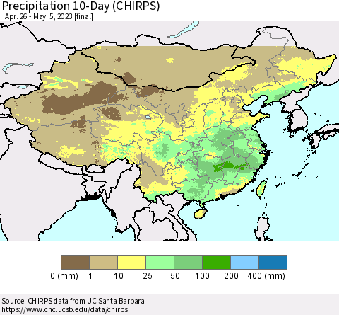 China, Mongolia and Taiwan Precipitation 10-Day (CHIRPS) Thematic Map For 4/26/2023 - 5/5/2023