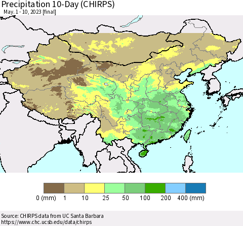 China, Mongolia and Taiwan Precipitation 10-Day (CHIRPS) Thematic Map For 5/1/2023 - 5/10/2023