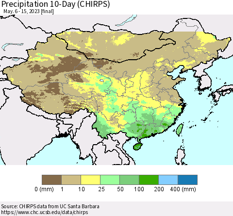 China, Mongolia and Taiwan Precipitation 10-Day (CHIRPS) Thematic Map For 5/6/2023 - 5/15/2023