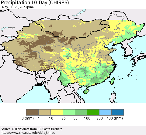 China, Mongolia and Taiwan Precipitation 10-Day (CHIRPS) Thematic Map For 5/11/2023 - 5/20/2023
