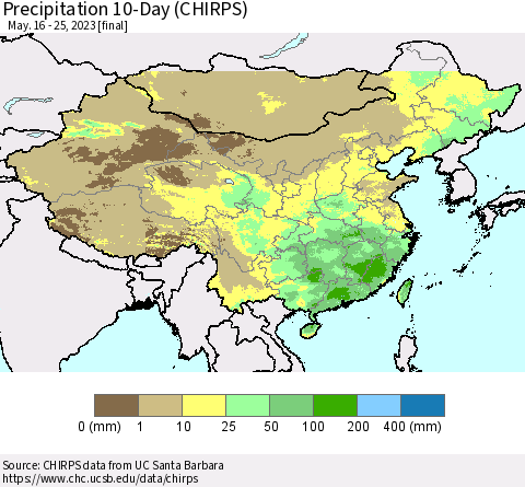 China, Mongolia and Taiwan Precipitation 10-Day (CHIRPS) Thematic Map For 5/16/2023 - 5/25/2023