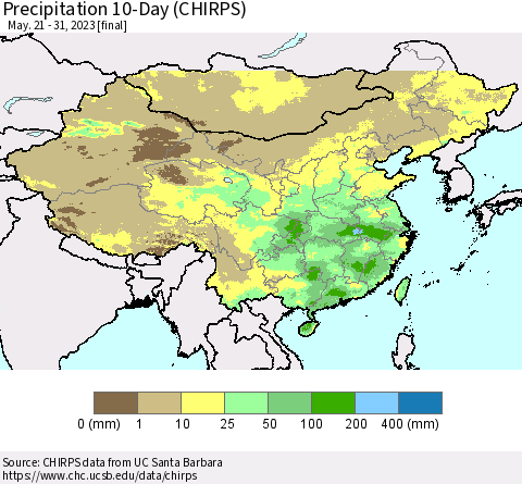 China, Mongolia and Taiwan Precipitation 10-Day (CHIRPS) Thematic Map For 5/21/2023 - 5/31/2023