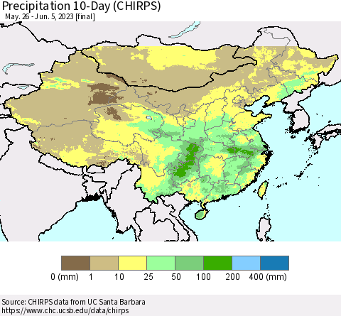 China, Mongolia and Taiwan Precipitation 10-Day (CHIRPS) Thematic Map For 5/26/2023 - 6/5/2023