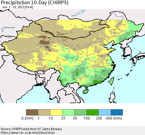 China, Mongolia and Taiwan Precipitation 10-Day (CHIRPS) Thematic Map For 6/1/2023 - 6/10/2023