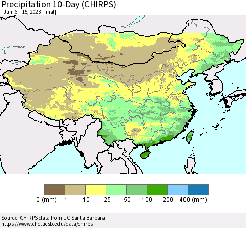 China, Mongolia and Taiwan Precipitation 10-Day (CHIRPS) Thematic Map For 6/6/2023 - 6/15/2023