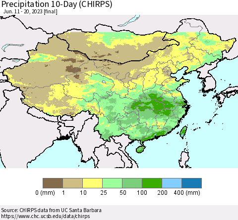 China, Mongolia and Taiwan Precipitation 10-Day (CHIRPS) Thematic Map For 6/11/2023 - 6/20/2023