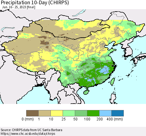 China, Mongolia and Taiwan Precipitation 10-Day (CHIRPS) Thematic Map For 6/16/2023 - 6/25/2023