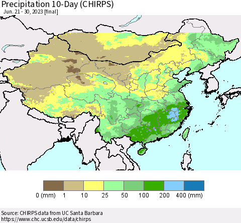 China, Mongolia and Taiwan Precipitation 10-Day (CHIRPS) Thematic Map For 6/21/2023 - 6/30/2023