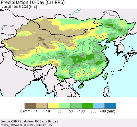 China, Mongolia and Taiwan Precipitation 10-Day (CHIRPS) Thematic Map For 6/26/2023 - 7/5/2023