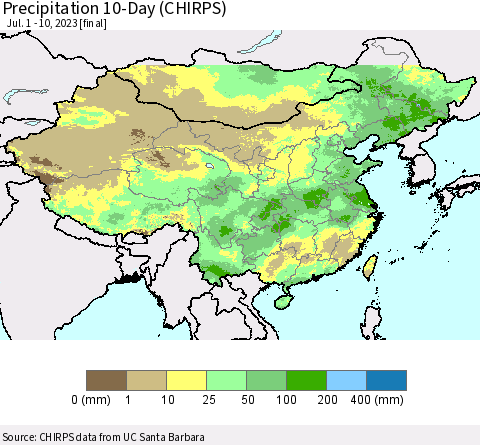 China, Mongolia and Taiwan Precipitation 10-Day (CHIRPS) Thematic Map For 7/1/2023 - 7/10/2023