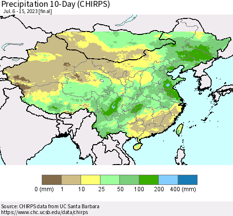 China, Mongolia and Taiwan Precipitation 10-Day (CHIRPS) Thematic Map For 7/6/2023 - 7/15/2023