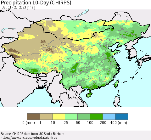China, Mongolia and Taiwan Precipitation 10-Day (CHIRPS) Thematic Map For 7/11/2023 - 7/20/2023