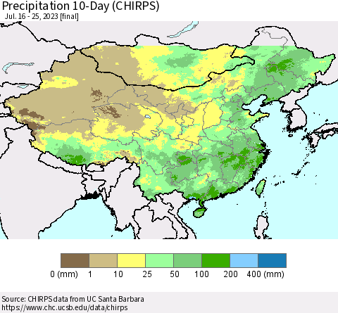 China, Mongolia and Taiwan Precipitation 10-Day (CHIRPS) Thematic Map For 7/16/2023 - 7/25/2023