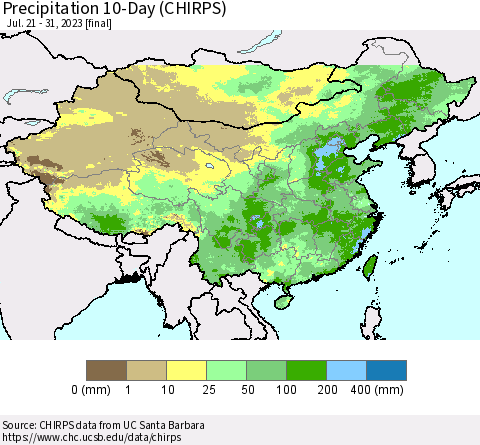China, Mongolia and Taiwan Precipitation 10-Day (CHIRPS) Thematic Map For 7/21/2023 - 7/31/2023