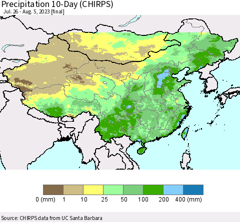 China, Mongolia and Taiwan Precipitation 10-Day (CHIRPS) Thematic Map For 7/26/2023 - 8/5/2023