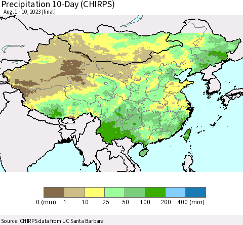 China, Mongolia and Taiwan Precipitation 10-Day (CHIRPS) Thematic Map For 8/1/2023 - 8/10/2023