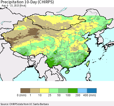 China, Mongolia and Taiwan Precipitation 10-Day (CHIRPS) Thematic Map For 8/6/2023 - 8/15/2023