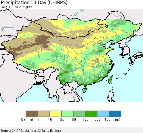 China, Mongolia and Taiwan Precipitation 10-Day (CHIRPS) Thematic Map For 8/11/2023 - 8/20/2023