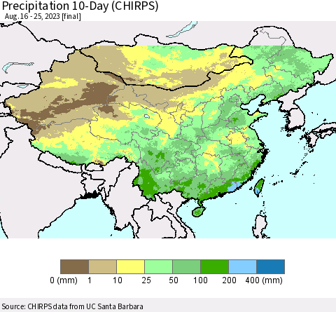 China, Mongolia and Taiwan Precipitation 10-Day (CHIRPS) Thematic Map For 8/16/2023 - 8/25/2023