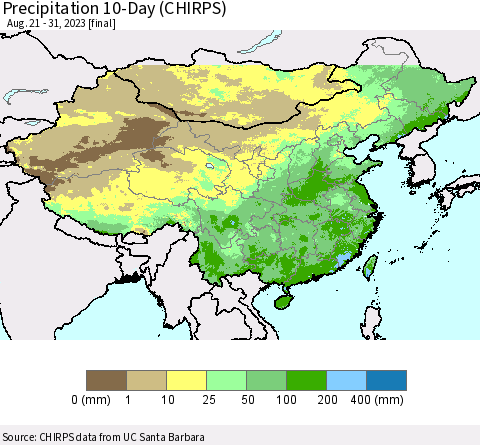 China, Mongolia and Taiwan Precipitation 10-Day (CHIRPS) Thematic Map For 8/21/2023 - 8/31/2023