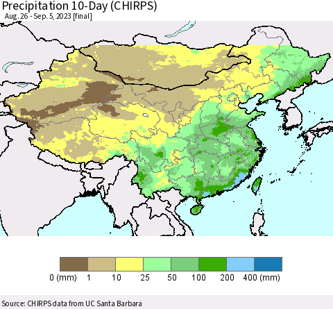 China, Mongolia and Taiwan Precipitation 10-Day (CHIRPS) Thematic Map For 8/26/2023 - 9/5/2023